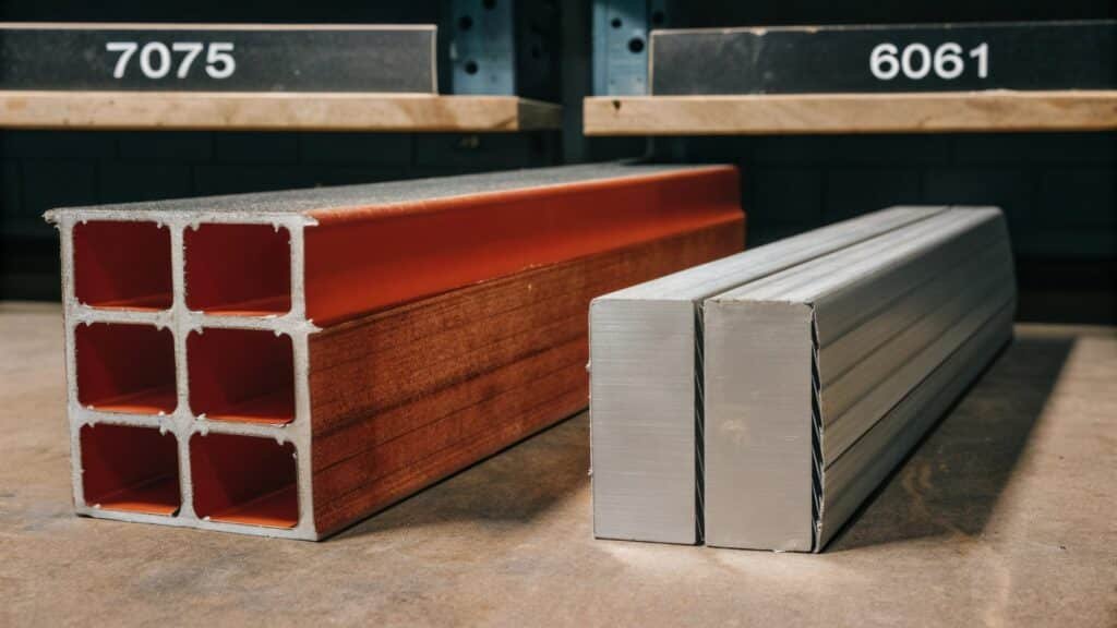 A simple bar chart clearly showing the tensile strength of 7075 towering over the bar for 6061.